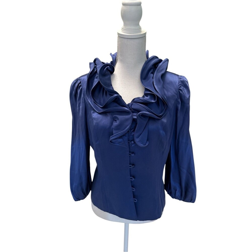 Rickie Freeman Teri Jon Ruffle Silk Cobalt Blue Blouse Size 8